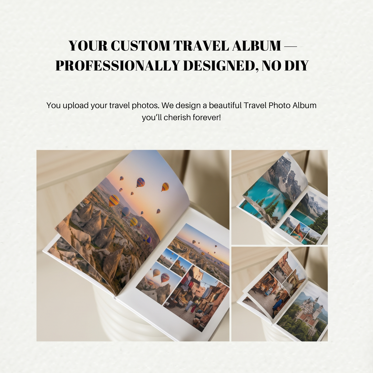 Travel photo book interior spread with multiple destination photos