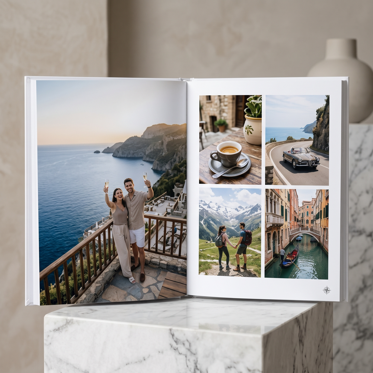 Travel photo book interior spread from an Amalfi coast trip