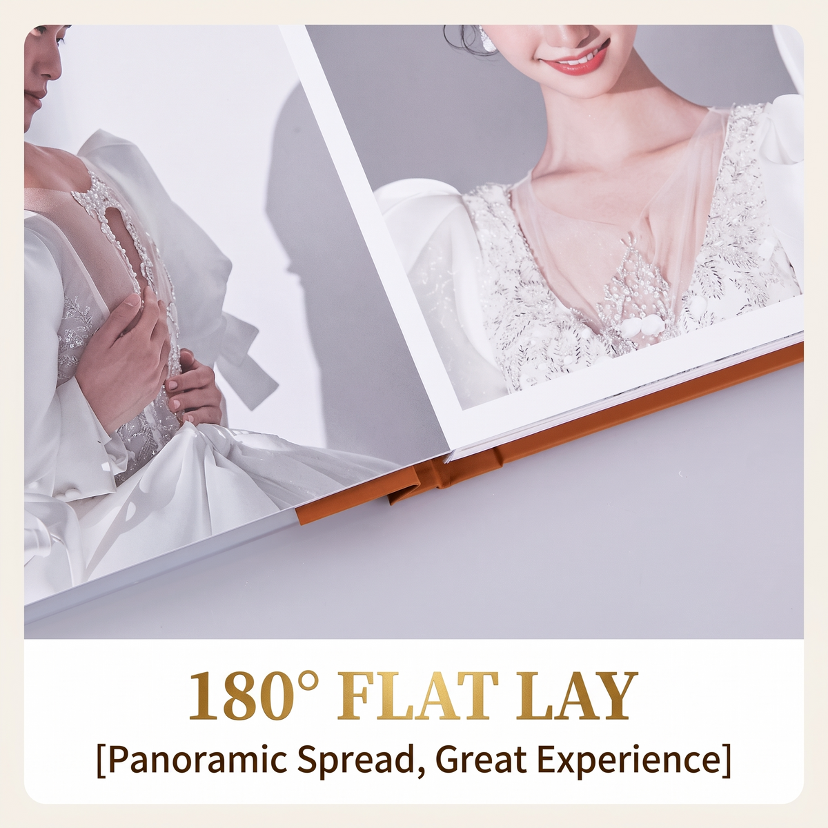 Wedding photo album 180 degree flat-lay binding detail