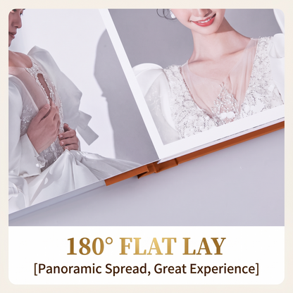 Wedding photo album 180 degree flat-lay binding detail