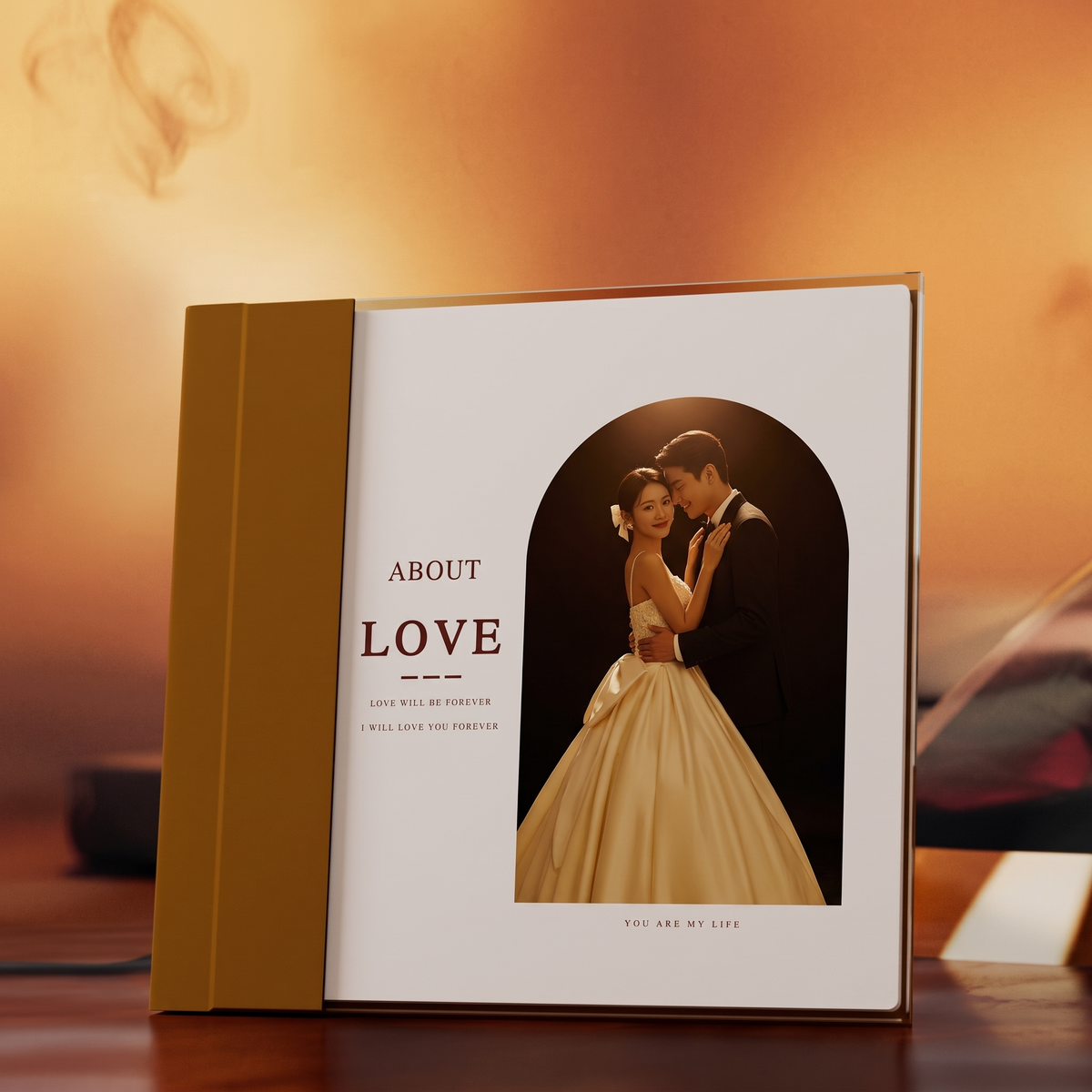 Custom vegan leather wedding photo album with acrylic cover, lifestyle desk scene