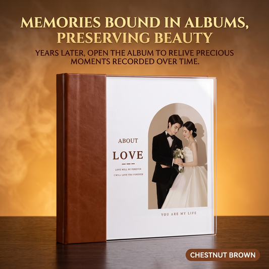 Custom vegan leather wedding photo album with acrylic cover in chestnut brown