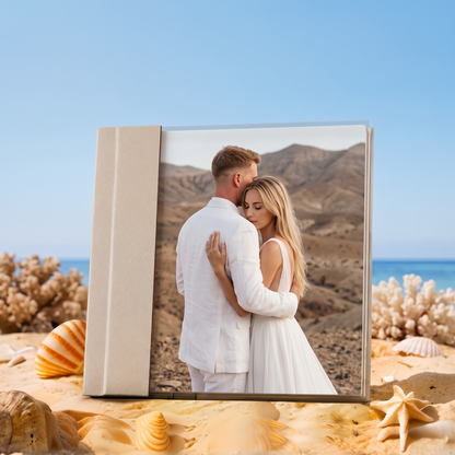 Custom vegan leather wedding photo album with acrylic cover in ivory, beach lifestyle scene alternate angle