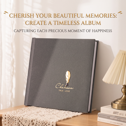 Personalized wedding keepsake album displayed on a bedroom nightstand