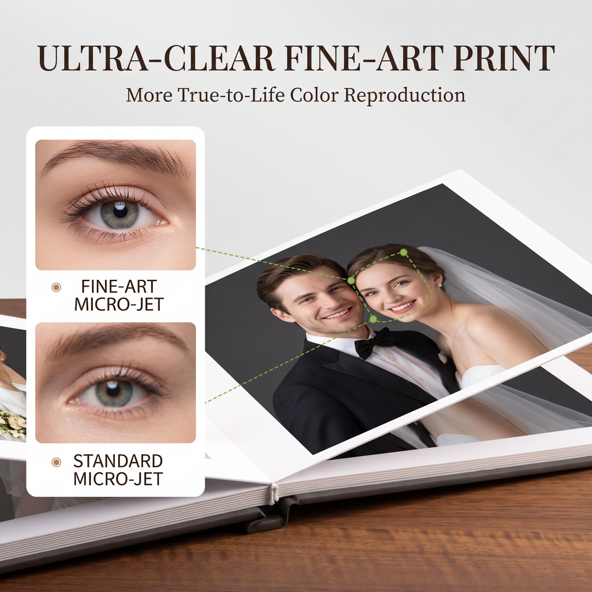 Fine-art micro-jet printing detail comparison on wedding photo album pages