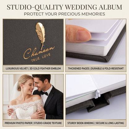 Studio-quality wedding album cover, page thickness, and binding detail grid