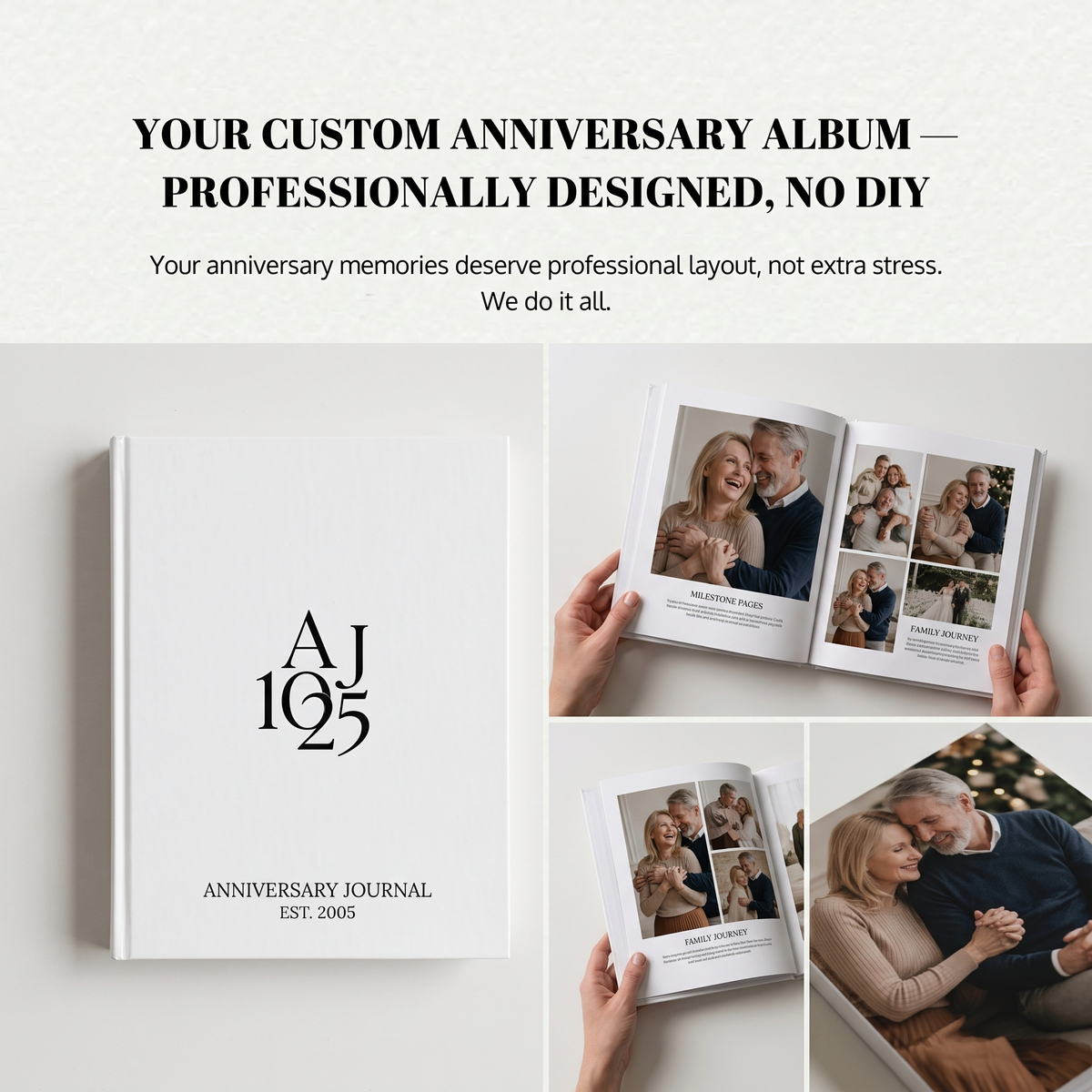 Custom wedding anniversary coffee table book cover with personalized milestone pages