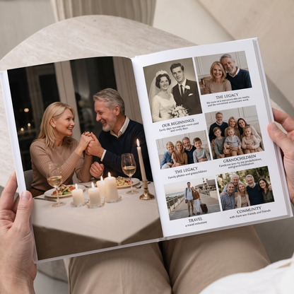 Wedding anniversary gift book lifestyle photo with family legacy interior spread