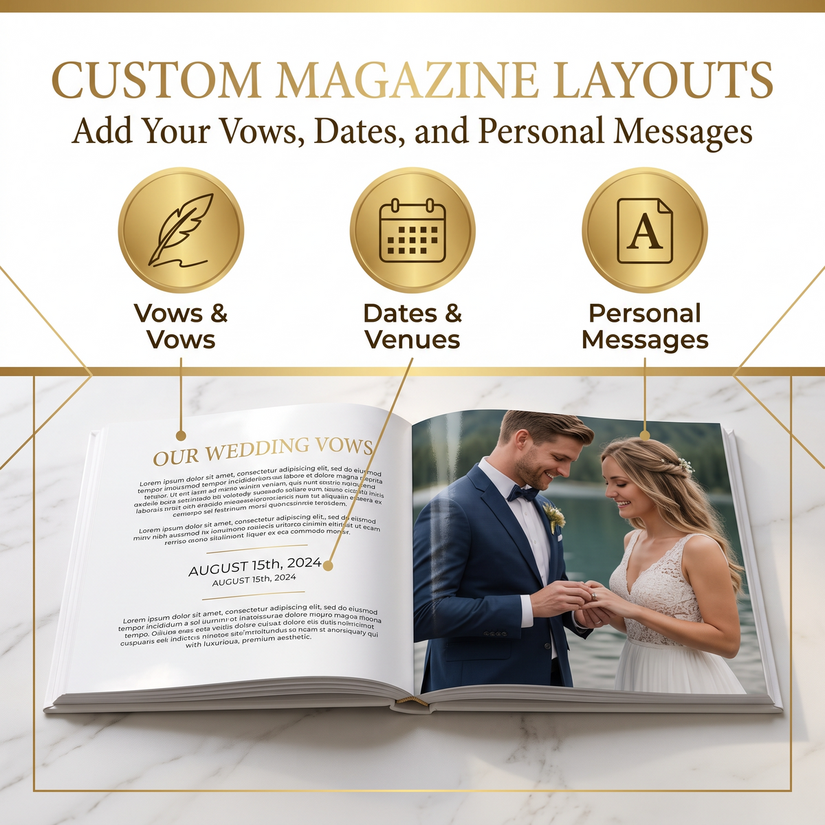 Custom wedding coffee table book open page showing custom magazine layout with vows and wedding date