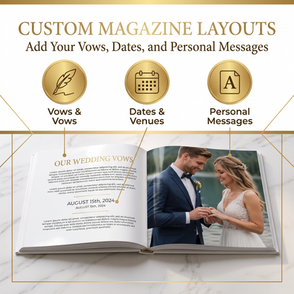 Custom wedding coffee table book open page showing custom magazine layout with vows and wedding date