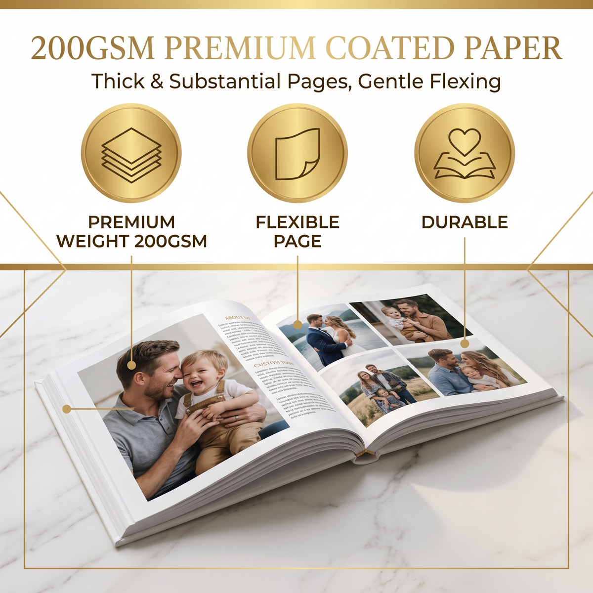 Custom wedding coffee table book page showing premium 200GSM coated paper