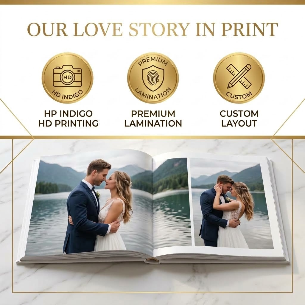 Custom wedding coffee table book open to wedding photos with HP Indigo printing and premium lamination