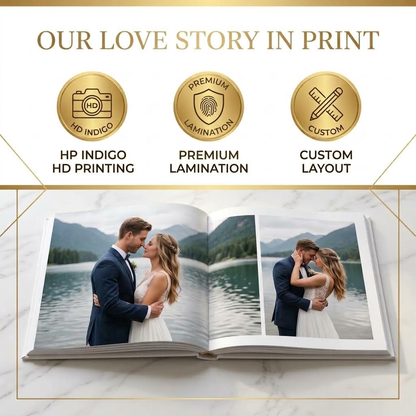 Custom wedding coffee table book open to wedding photos with HP Indigo printing and premium lamination