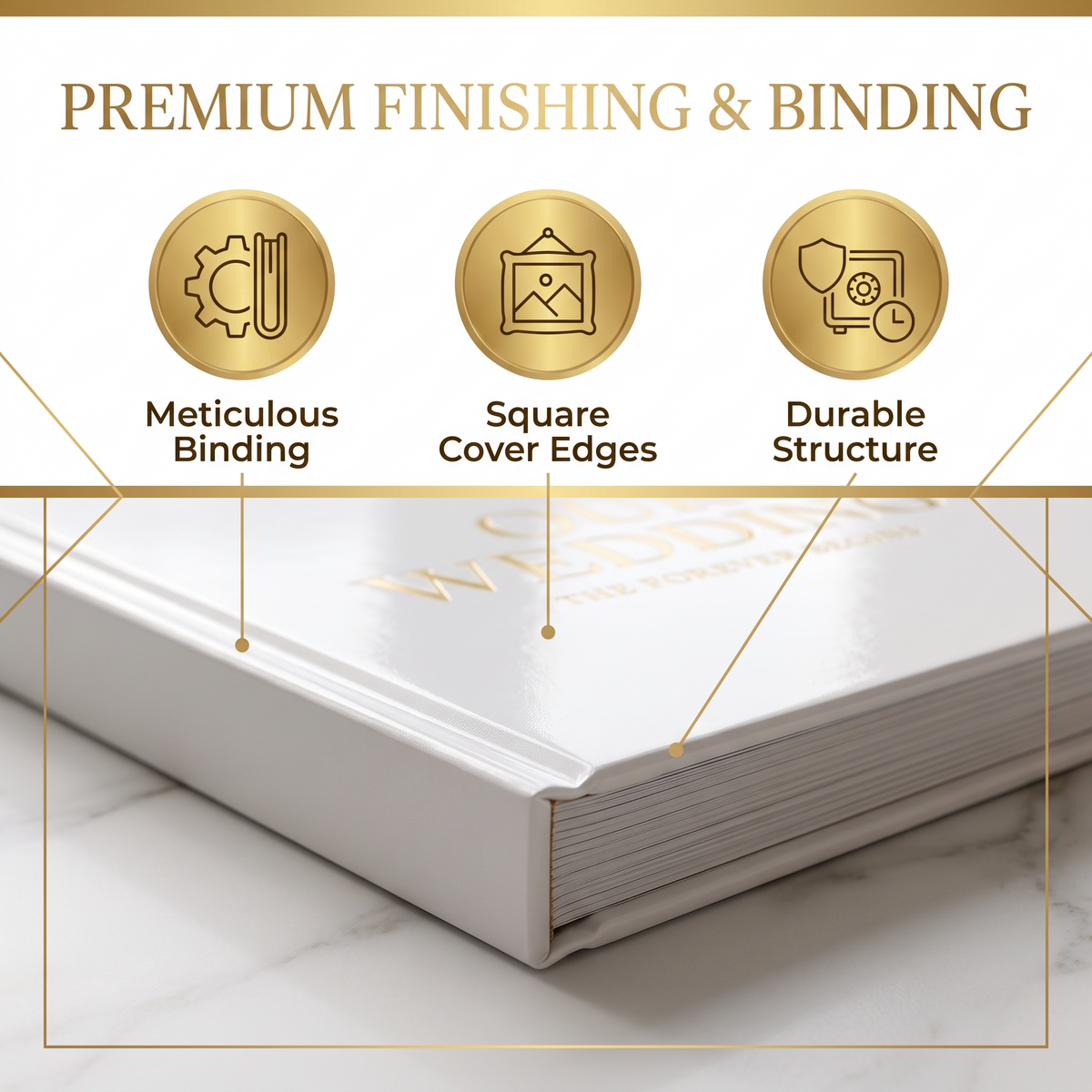 Custom wedding coffee table book cover corner showing premium binding and square cover edges