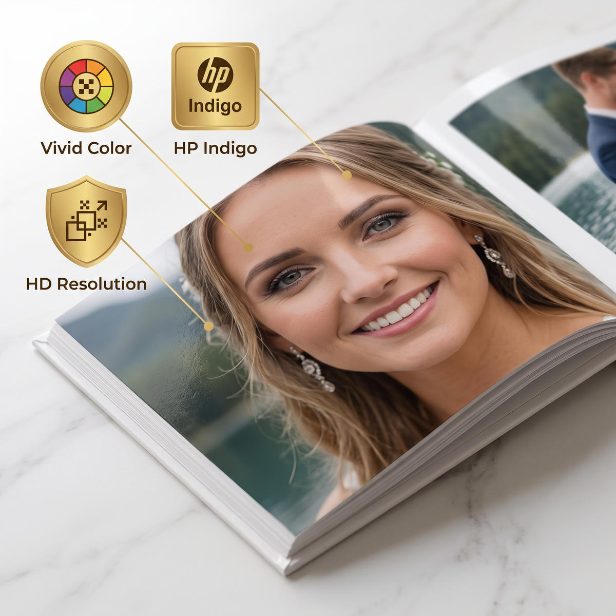 Close-up of vivid HP Indigo HD printed wedding photo in a custom wedding coffee table book