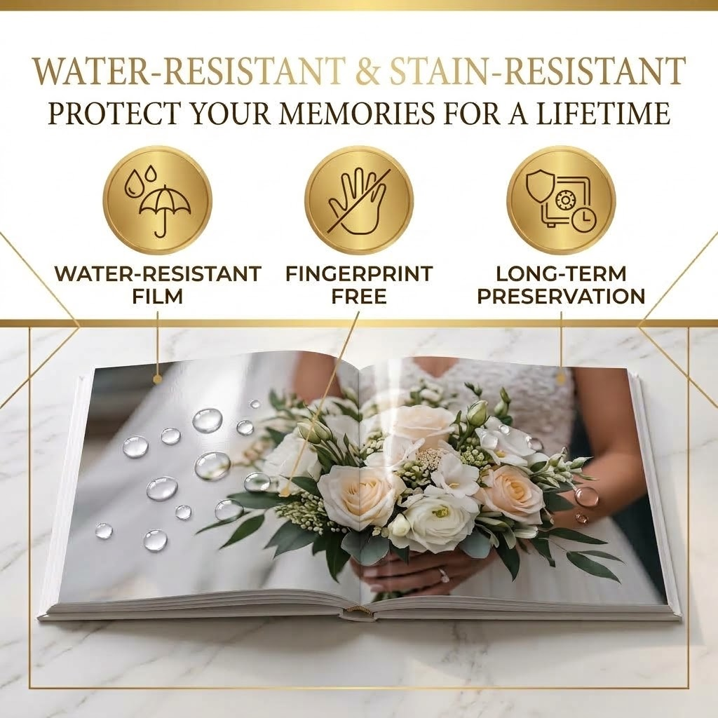 Custom wedding coffee table book page with protective laminated finish for everyday handling