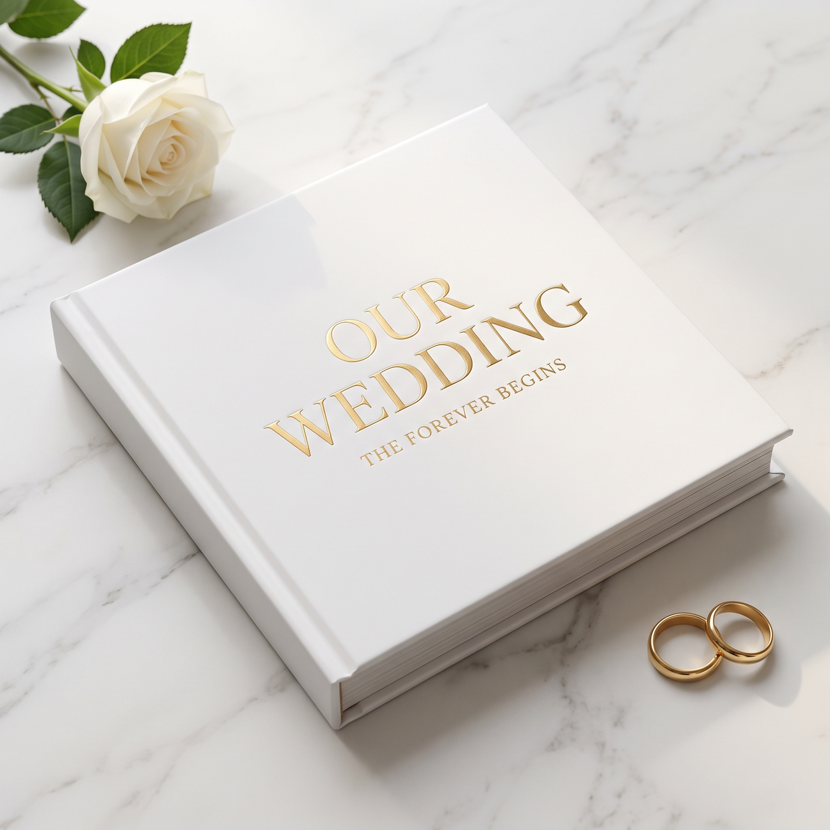 Custom Wedding Coffee Table Book with gold-foil Our Wedding cover on marble background