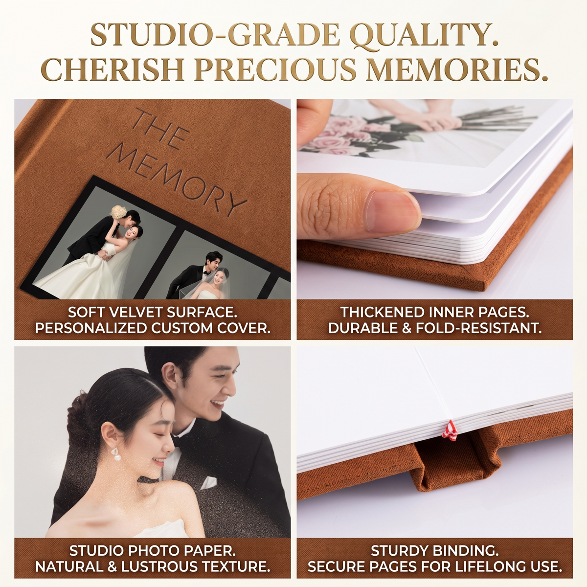 Wedding photo album cover and binding quality detail