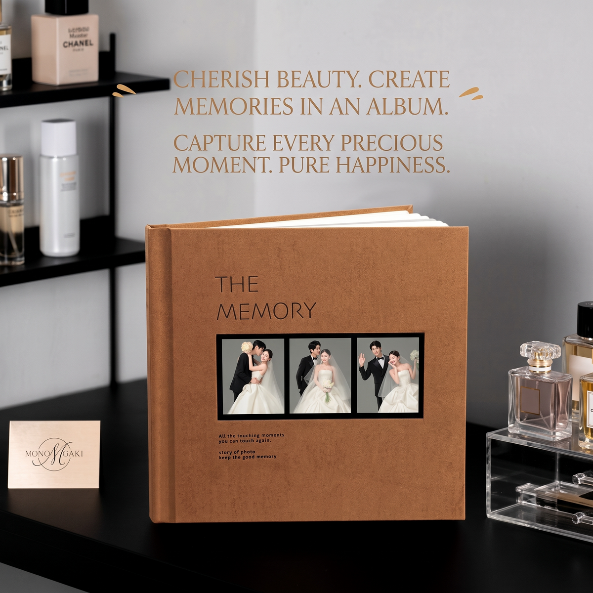 Wedding photo album displayed on a shelf