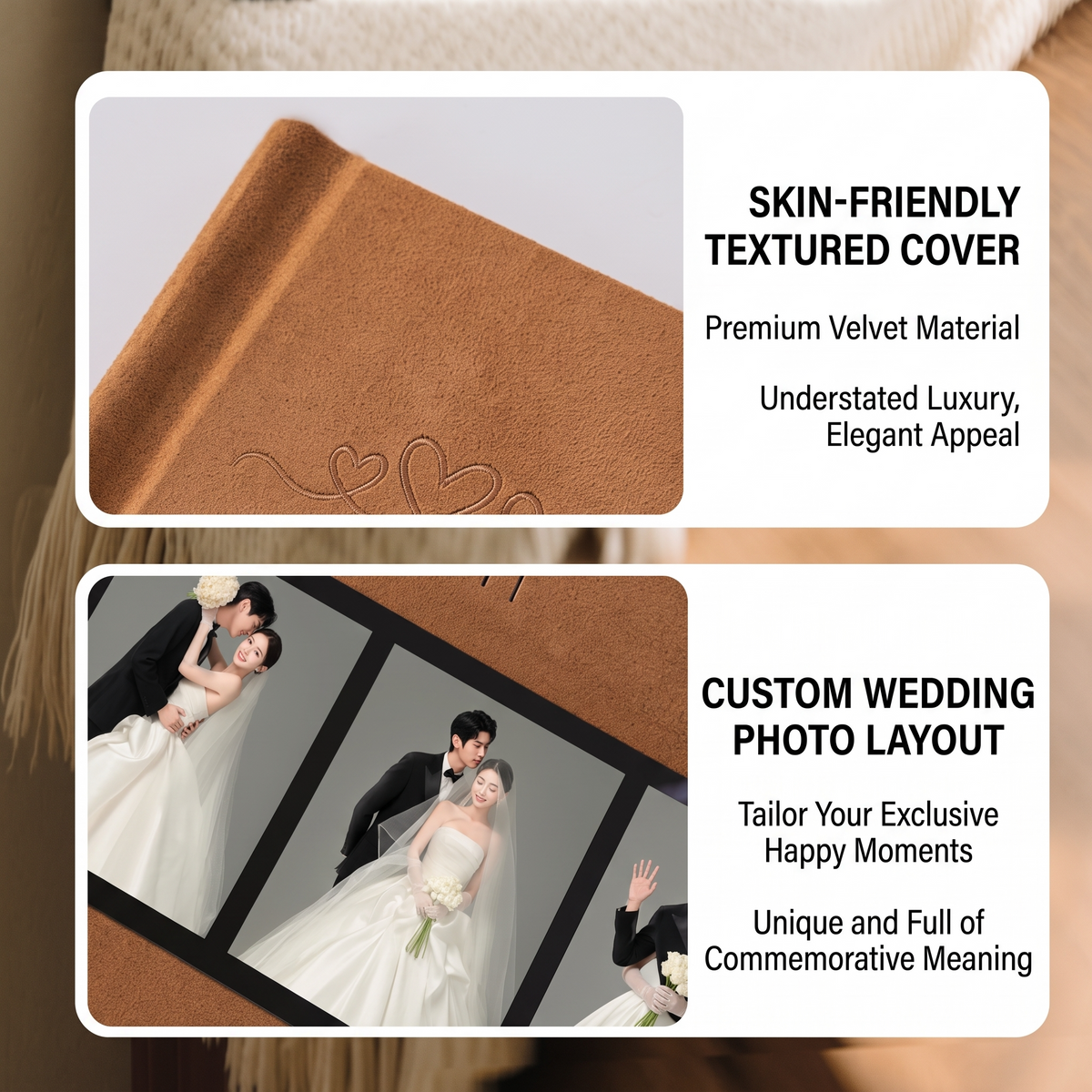 Wedding photo album plush-textured cover close-up