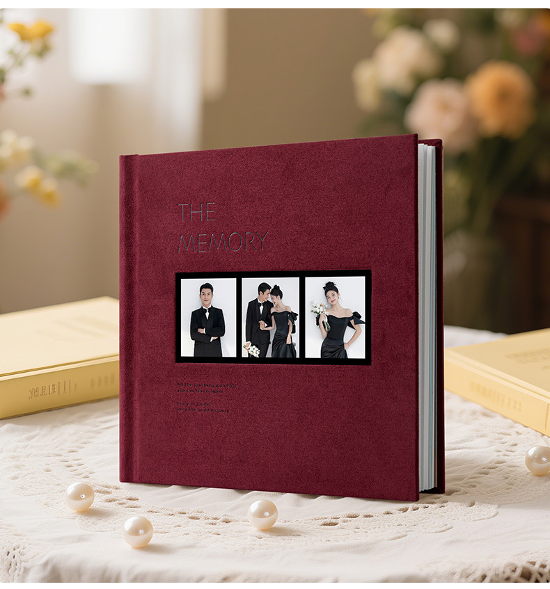 Custom wedding photo album with photo window cover in burgundy