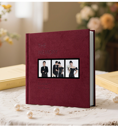 Custom wedding photo album with photo window cover in burgundy