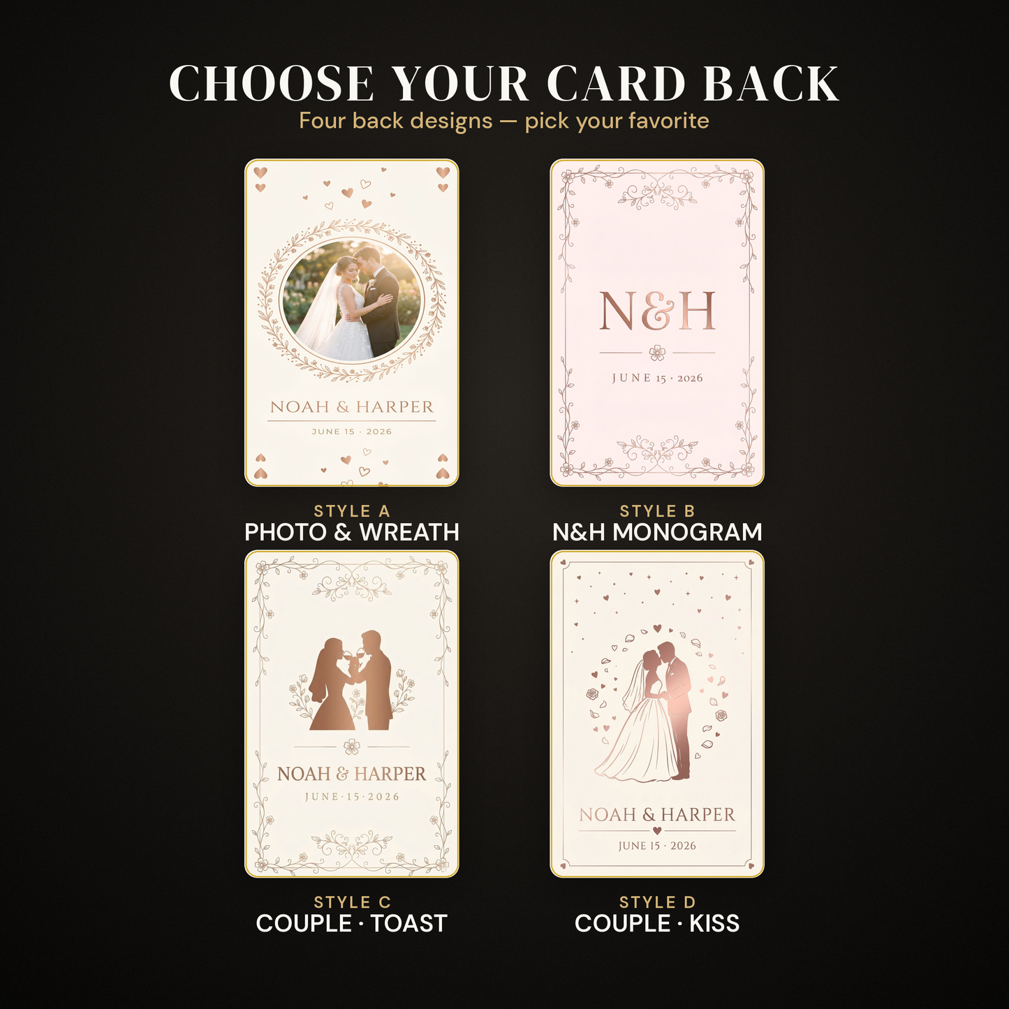 Four custom wedding playing card back designs: photo and wreath, N&H monogram, couple toast, and couple kiss styles on dark background