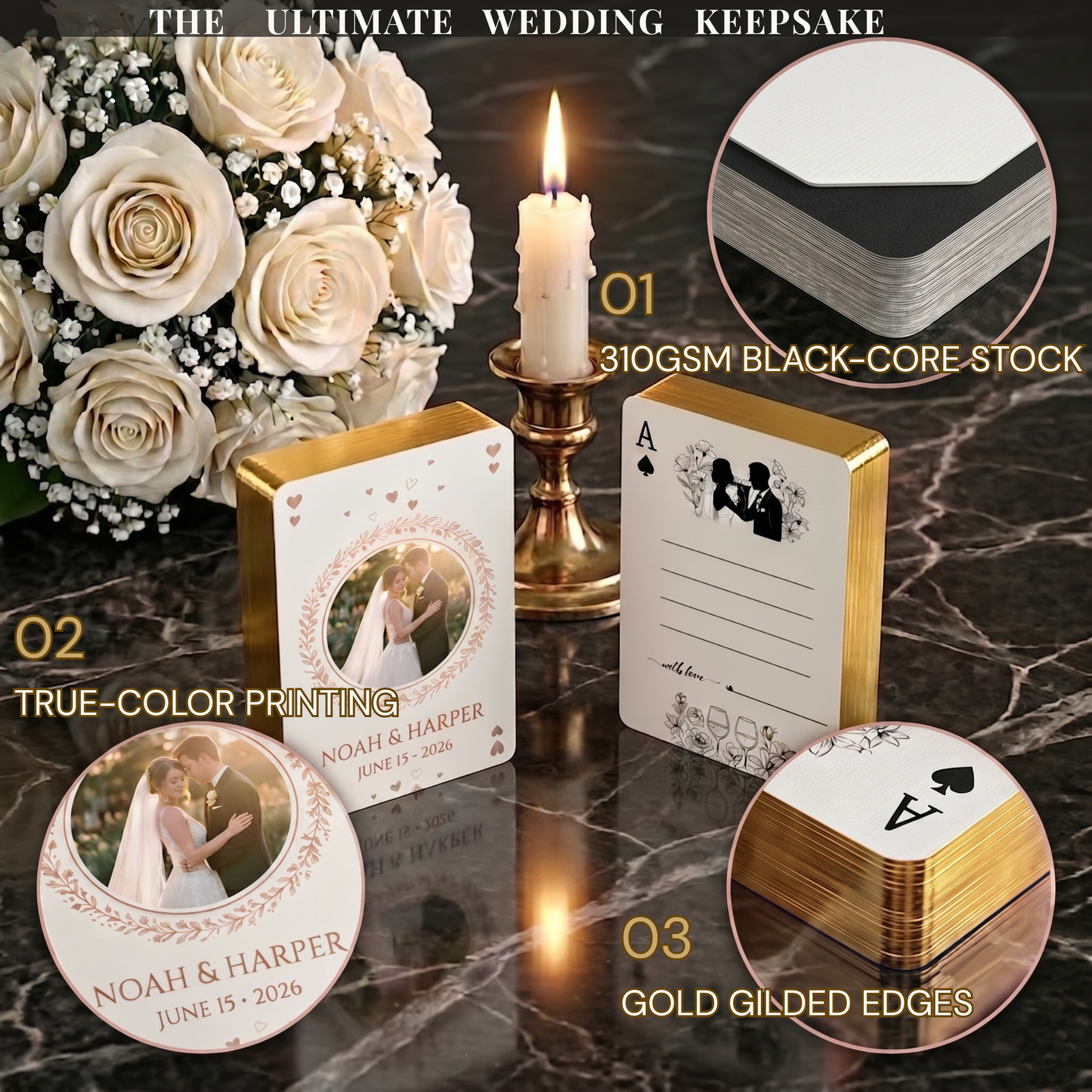 Custom wedding playing cards craft details: 310gsm black-core stock, true-color printing, and gold gilded edges shown in close-up on black marble
