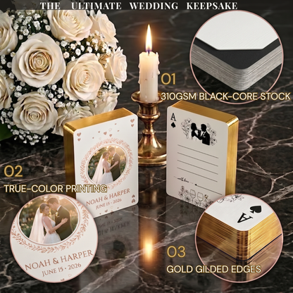 Custom wedding playing cards craft details: 310gsm black-core stock, true-color printing, and gold gilded edges shown in close-up on black marble