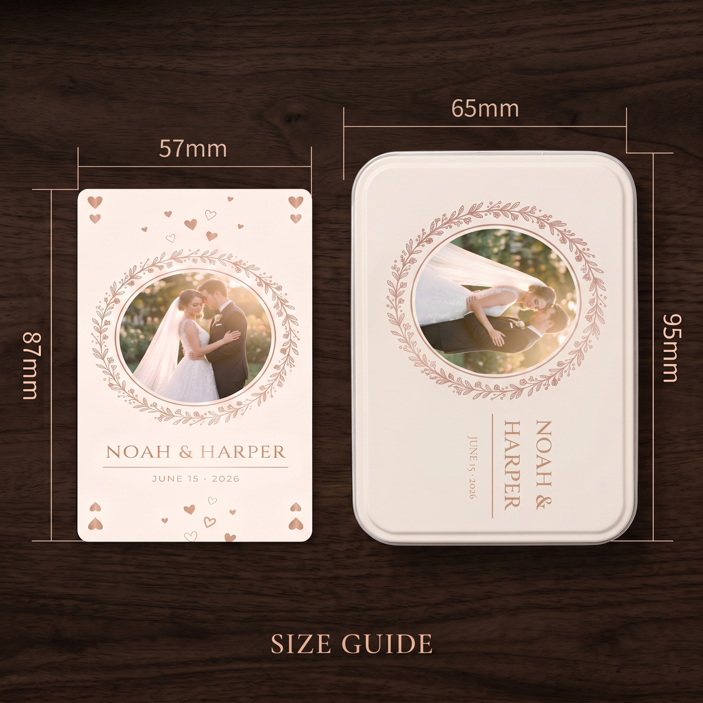 Size guide for custom wedding playing cards: card 57x87mm and tin box 65x95mm shown on dark walnut wood background