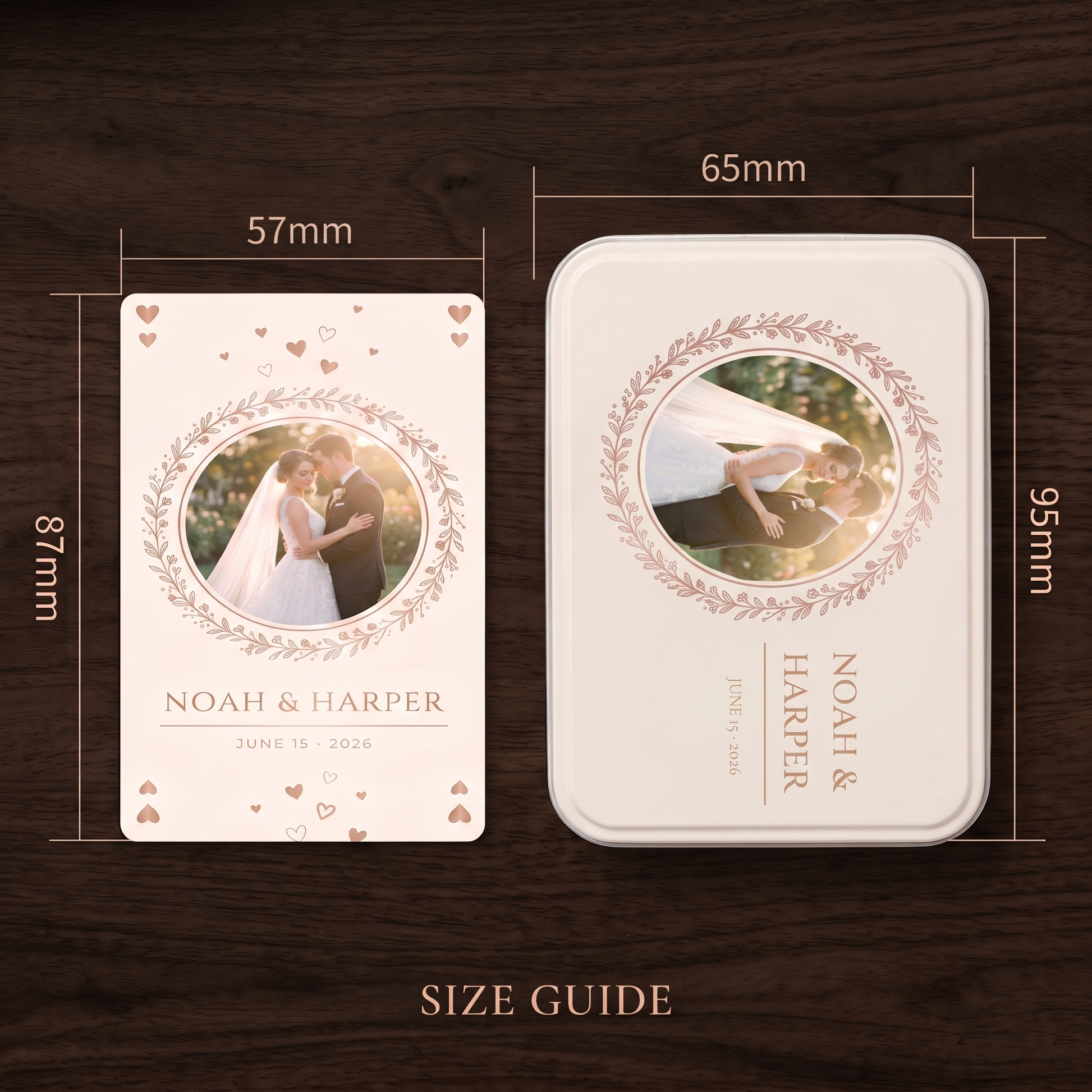 Size guide for custom wedding playing cards: card 57x87mm and tin box 65x95mm shown on dark walnut wood background
