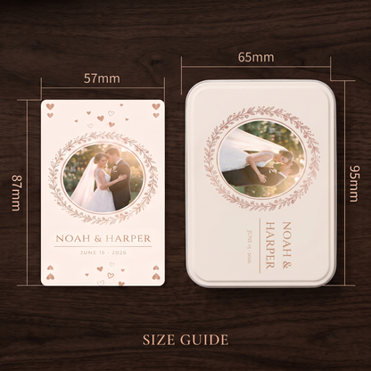 Size guide for custom wedding playing cards: card 57x87mm and tin box 65x95mm shown on dark walnut wood background