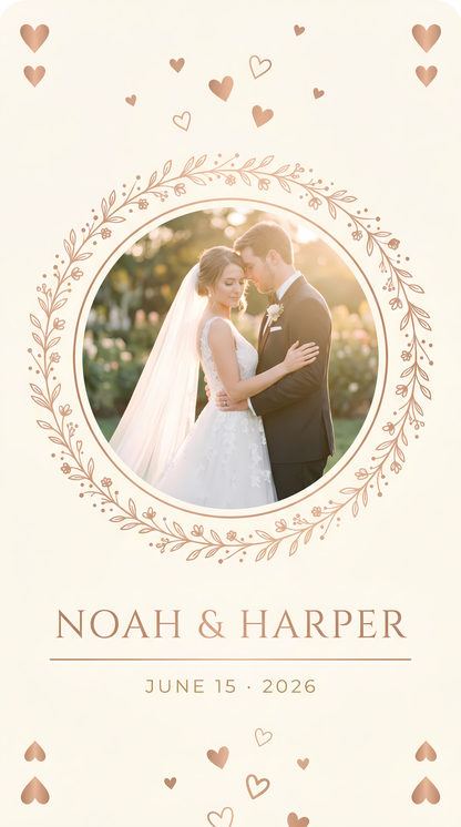 Style A custom photo wedding playing card back – rose gold floral wreath frame with couple photo, personalized names and date, 350gsm matte finish – EverKeep
