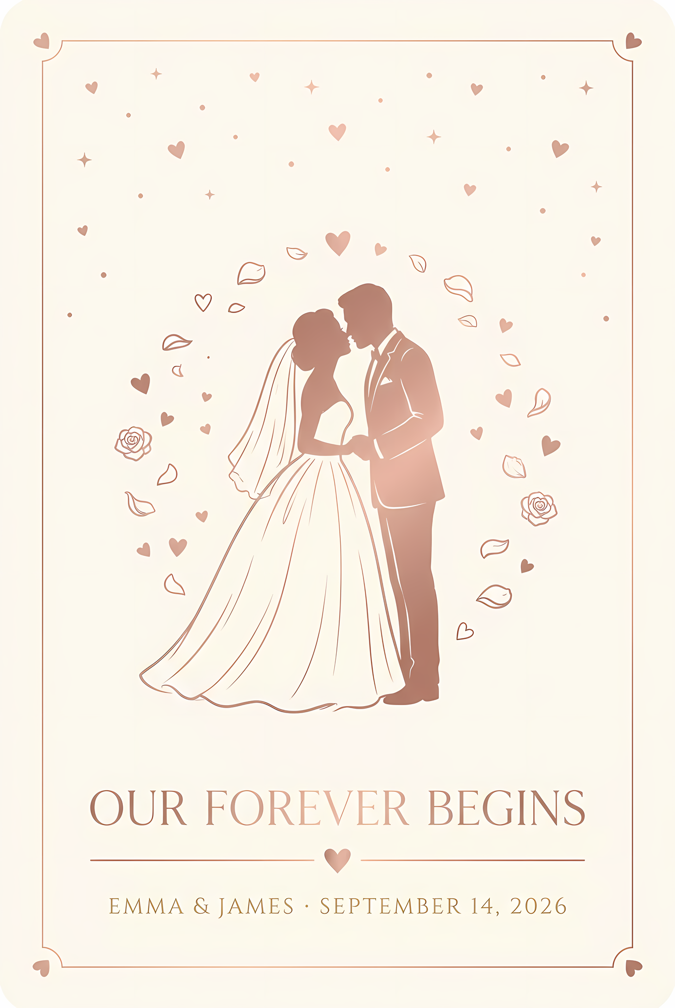 Style D wedding silhouette playing card back – couple silhouette with rose gold hearts, fully custom illustration, 350gsm matte finish – EverKeep