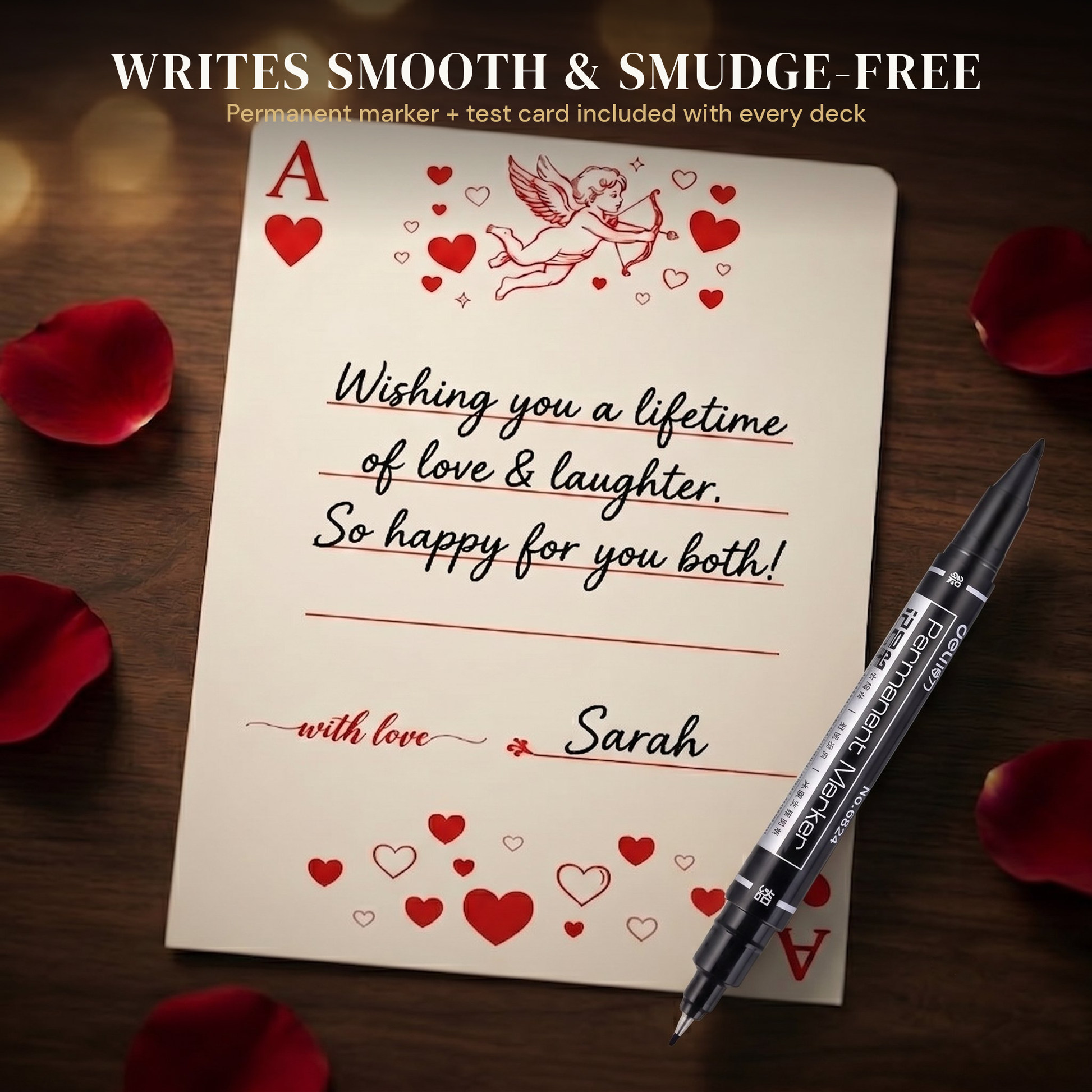 Wedding playing card with handwritten guest message and included permanent marker on dark wood with rose petals, smooth smudge-free writing