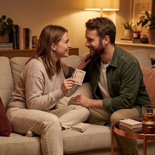 Couple playing Deeper Together conversation cards on a couch