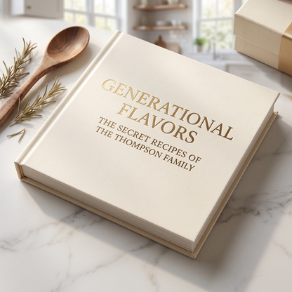 Generational Flavors custom family recipe coffee table book with gold-foil cover on marble counter