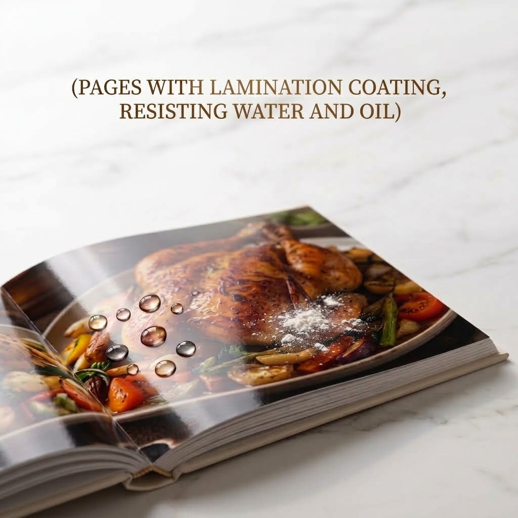 Custom family recipe book page with protective premium lamination for everyday kitchen handling