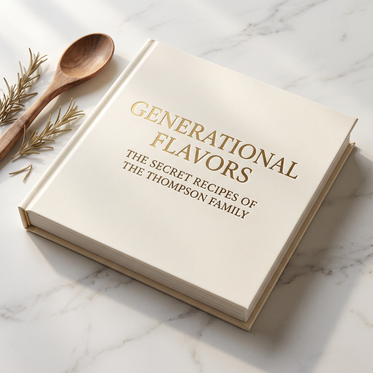 Close-up of Generational Flavors custom family recipe book gold-foil cover detail