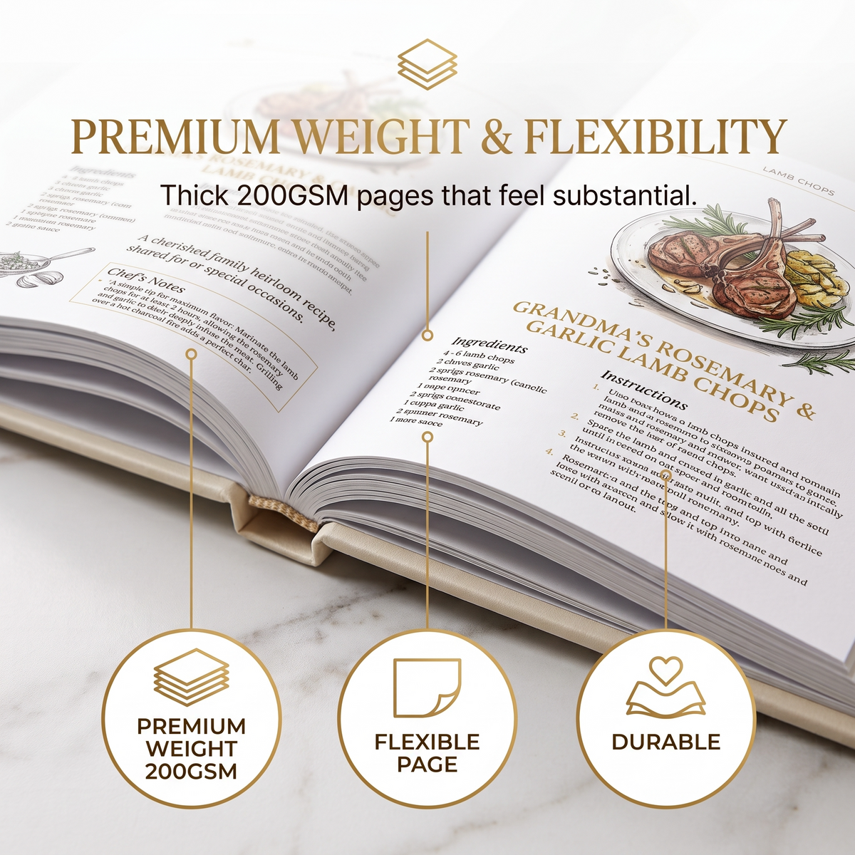 Custom family recipe book open page showing premium weight and flexible 200GSM paper