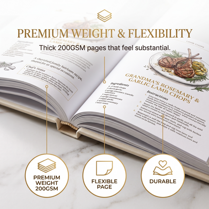 Custom family recipe book open page showing premium weight and flexible 200GSM paper