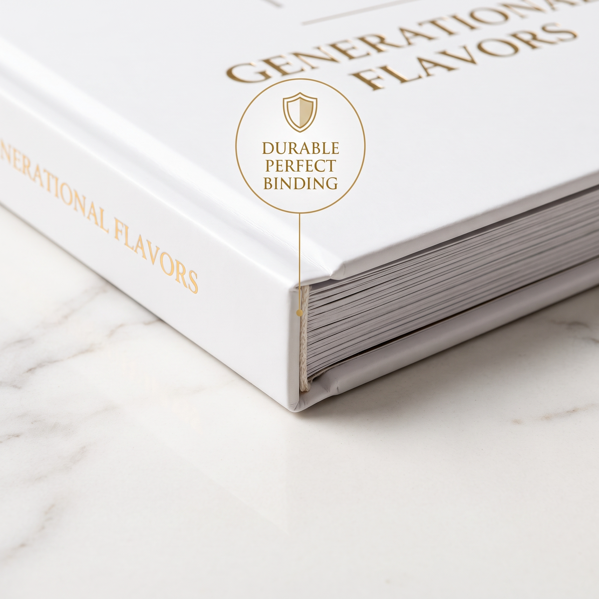 Custom family recipe book spine showing durable perfect binding