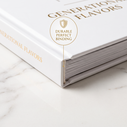 Custom family recipe book spine showing durable perfect binding