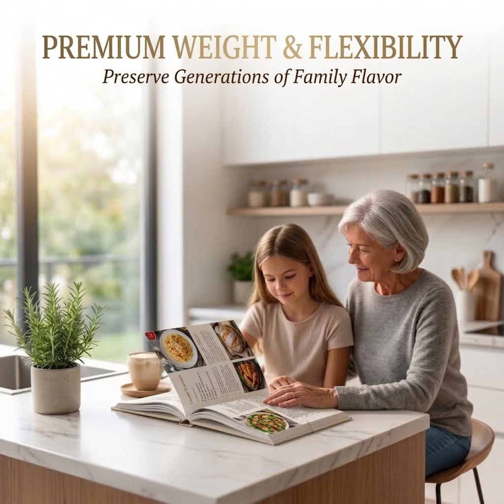 Grandmother and granddaughter reading a custom family recipe coffee table book together in the kitchen