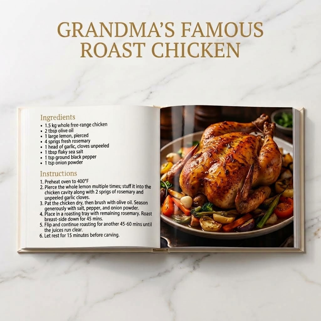 Custom family recipe book page featuring a roast chicken family recipe with photo