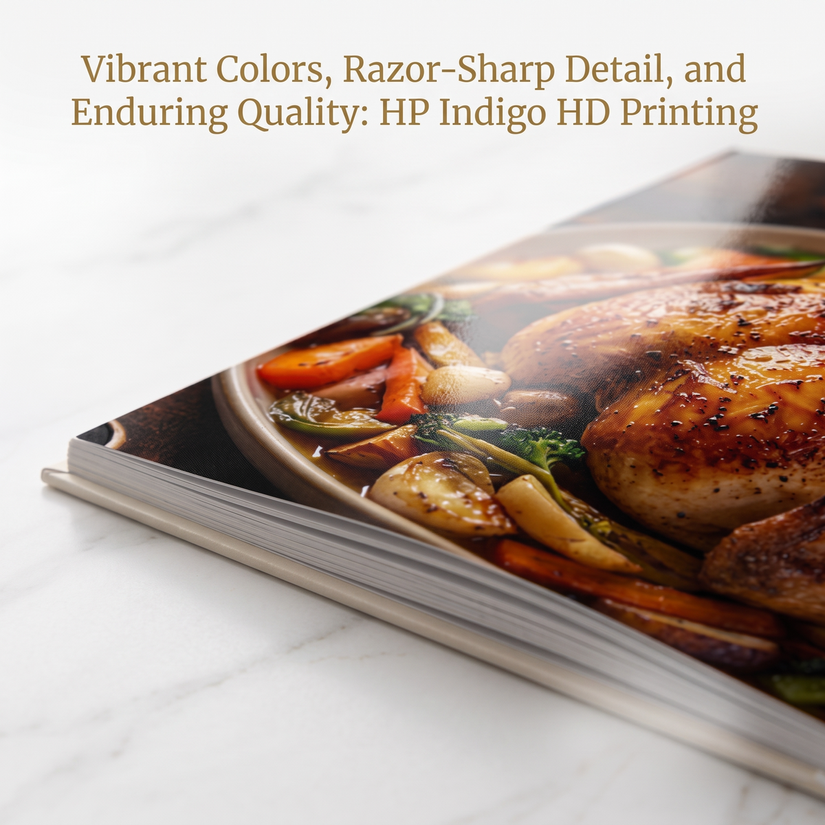 Close-up of vivid HP Indigo HD printed recipe photo in a custom family recipe book