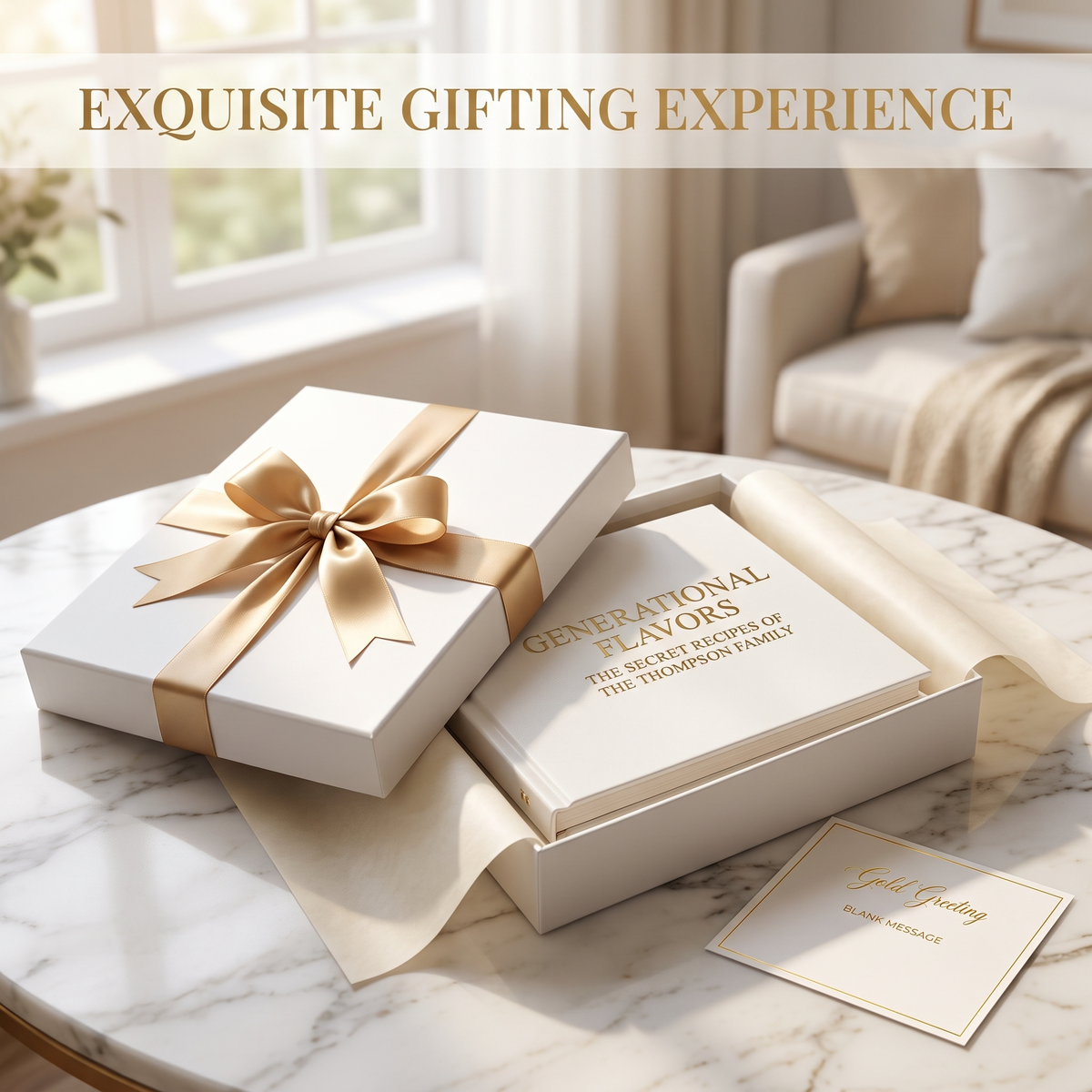 Custom family recipe coffee table book presented with ribbon and gift box