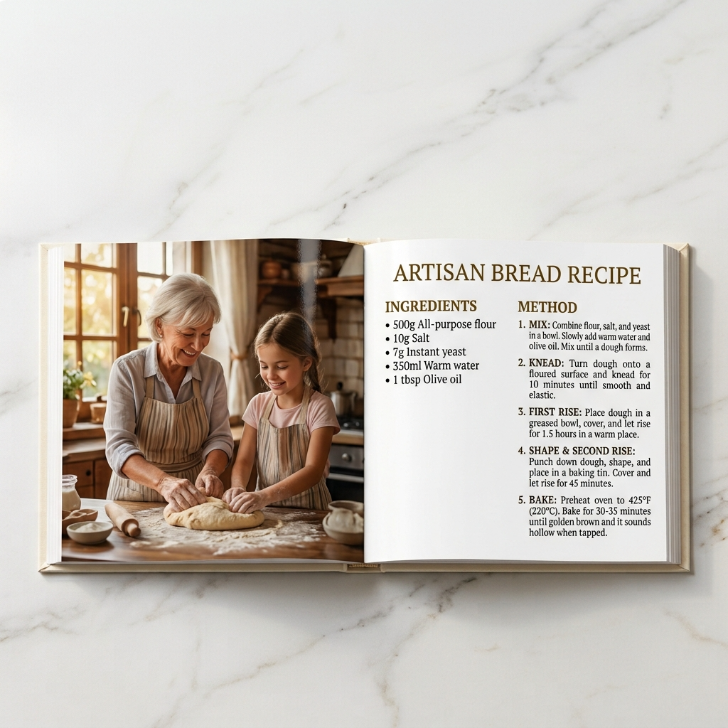 Grandmother and granddaughter baking bread together, featured page in a custom family recipe book
