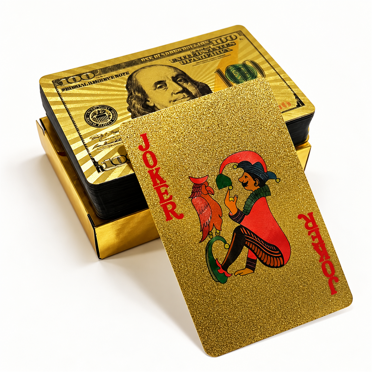 Gold $100 waterproof PVC playing cards with protective case