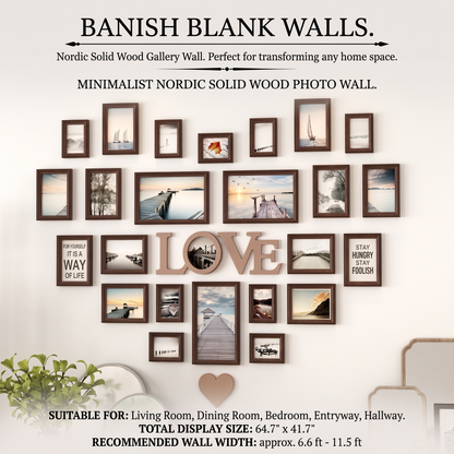 Heart-shaped photo wall art transforming a blank living room wall